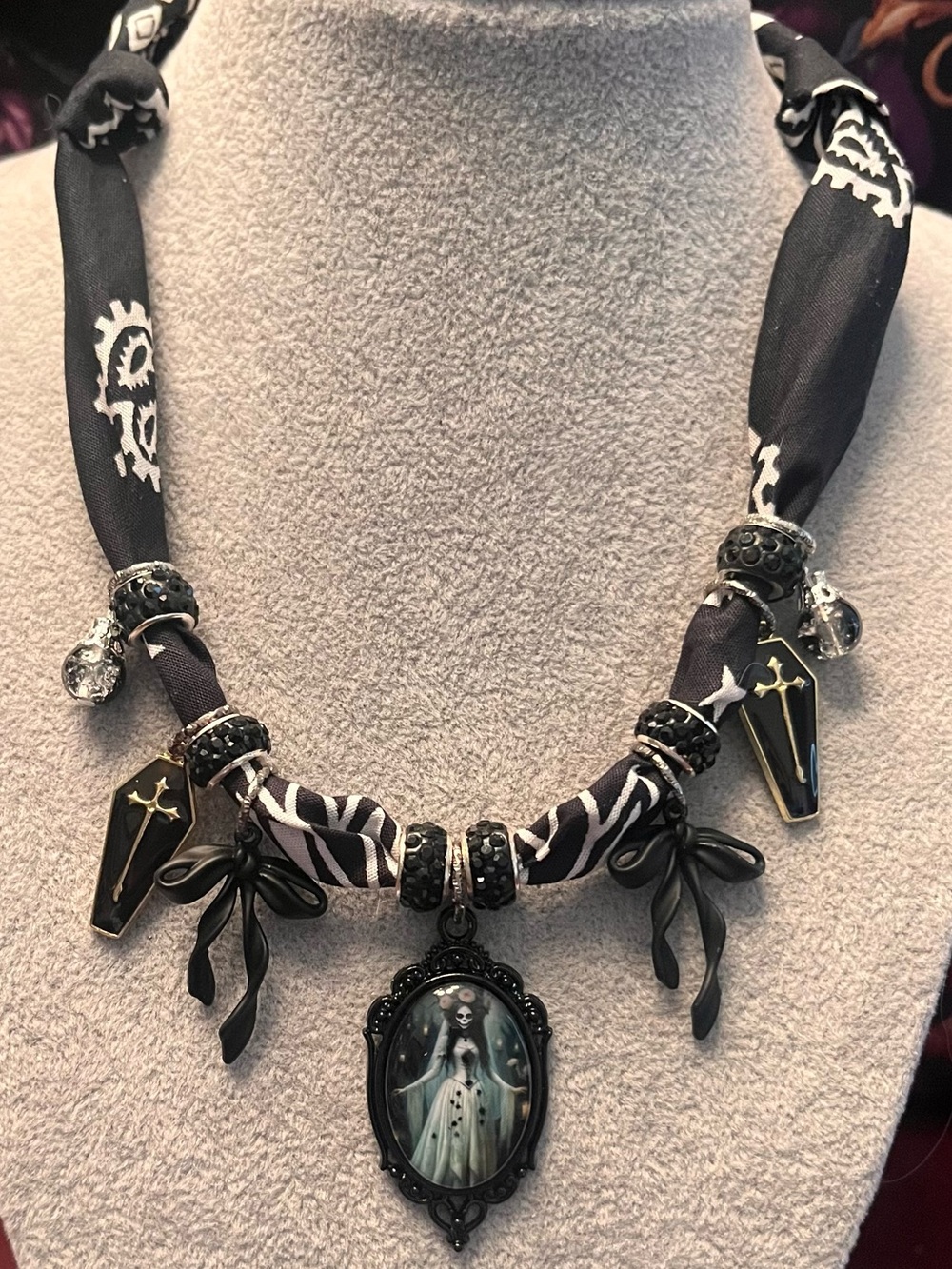 Gothic Black Day of the Dead Bandana Necklace with Sugar Skull Pendant